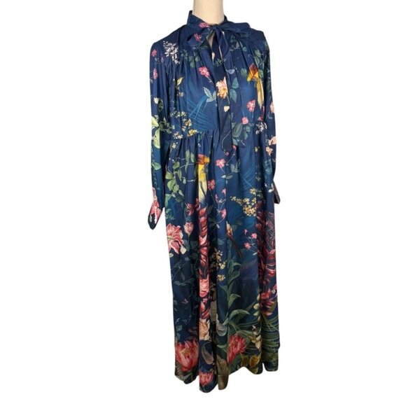 NWT Dalia Macphee Womens Navy Multi Long Sleeve Tie Neck Floral Maxi Dress Sz L - Picture 1 of 15